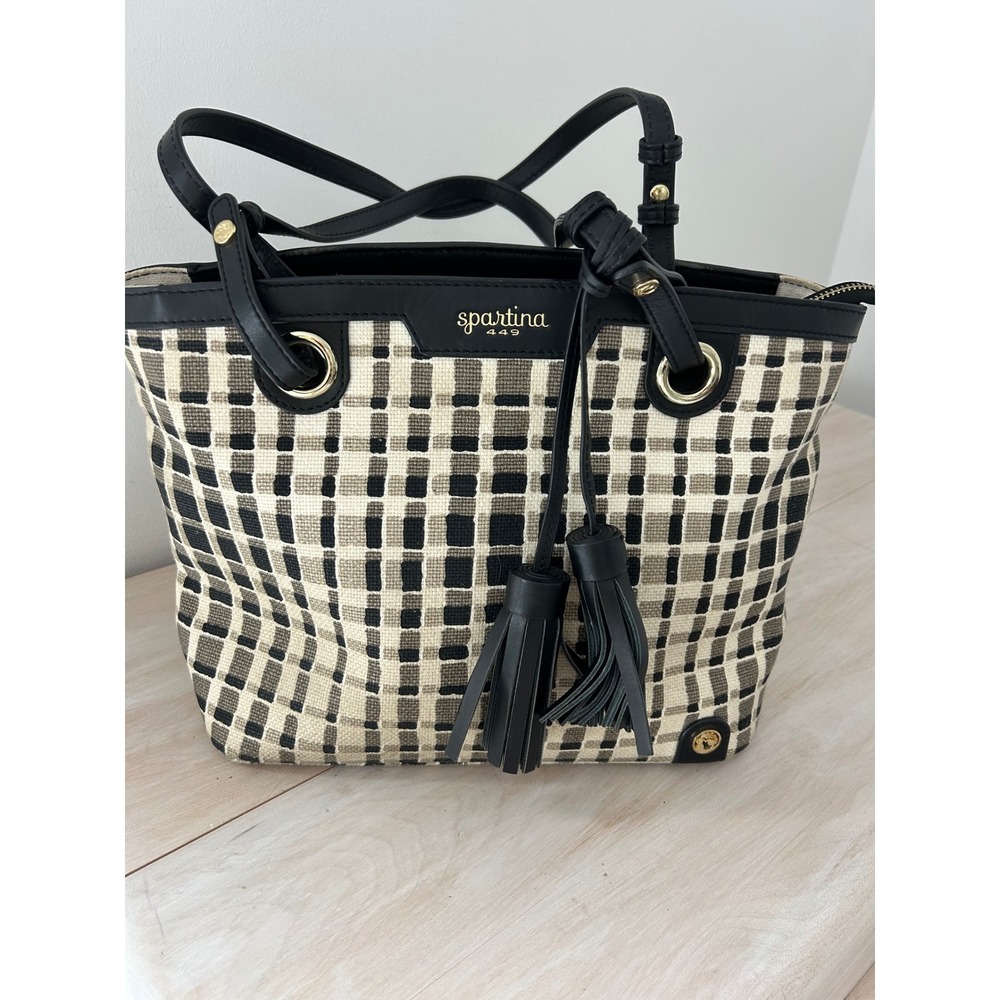 Spartina 449 Daufuskie Island Natural Linen Leather Tote Bag Black Grey Check